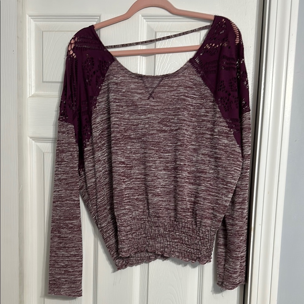 We The Free Purple Crew Neck Sweater with Lace Detail